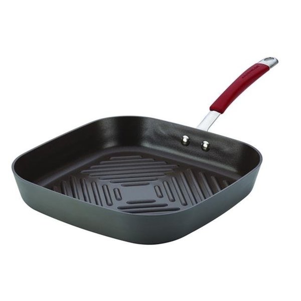 Rachael Ray Rachael Ray 87632 Cucina Hard-Anodized Nonstick 11 in. Deep Square Grill Pan; Gray With Cranberry Red Handle 87632